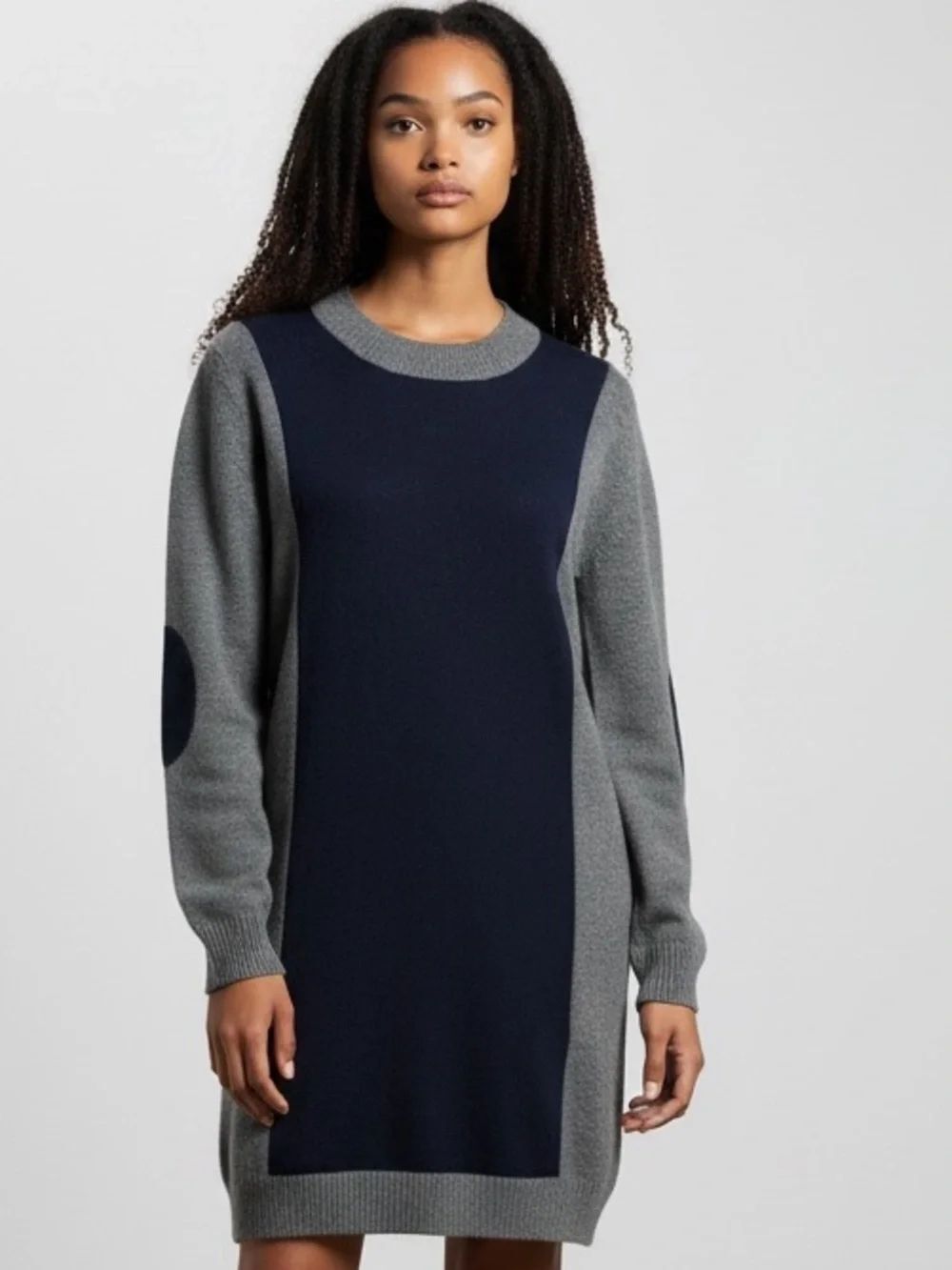 Tsesay Cashmere (?) Tunic Sweater Mini Dress Gray Navy Colorblock Elbow Patch M